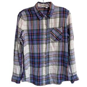 GAP Soft Twill White Check Lavender Plaid Flannel Top Green & Purple S